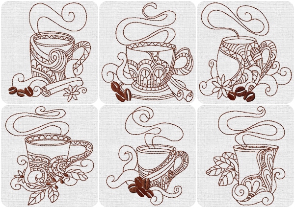 6 Coffee Embroidery designs for 4x4 hoop