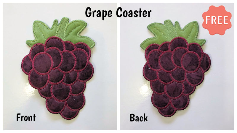 Front and back of Free In the hoop Grape Coaster