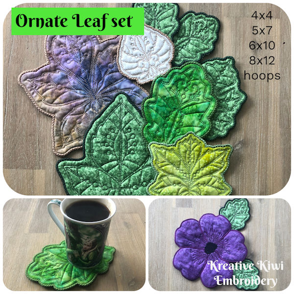 Free Ornate Leaf Coasters In the hoop by Kreative Kiwi - 600