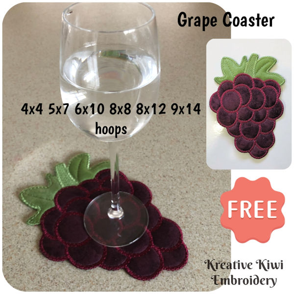Free In the hoop Grape Coaster by Kreative Kiwi Embroidery - 600